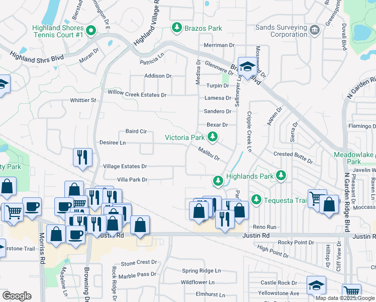 map of restaurants, bars, coffee shops, grocery stores, and more near 572 Medina Drive in Highland Village