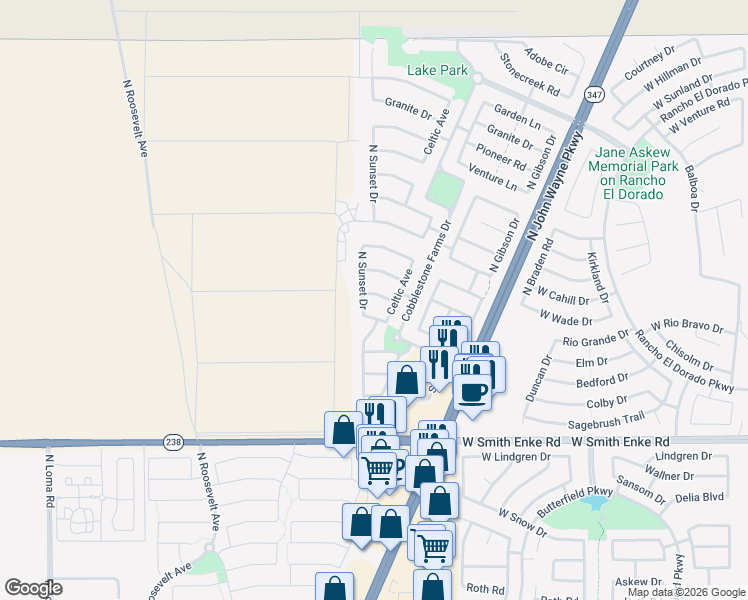 map of restaurants, bars, coffee shops, grocery stores, and more near 44576 Vineyard Street in Maricopa