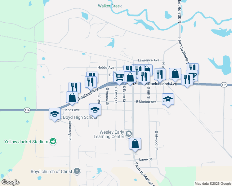map of restaurants, bars, coffee shops, grocery stores, and more near 104 Ewing Street in Boyd