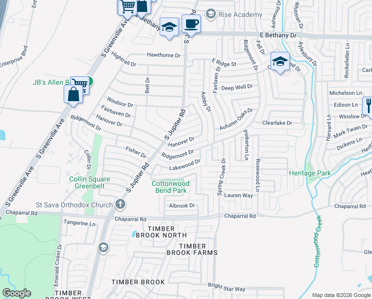 map of restaurants, bars, coffee shops, grocery stores, and more near 620 Hanover Drive in Allen