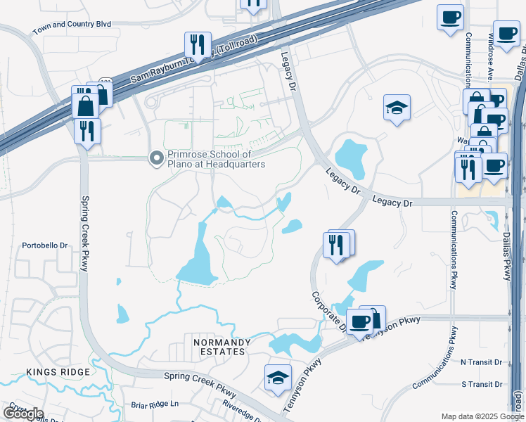 map of restaurants, bars, coffee shops, grocery stores, and more near 7701 Legacy Drive in Plano
