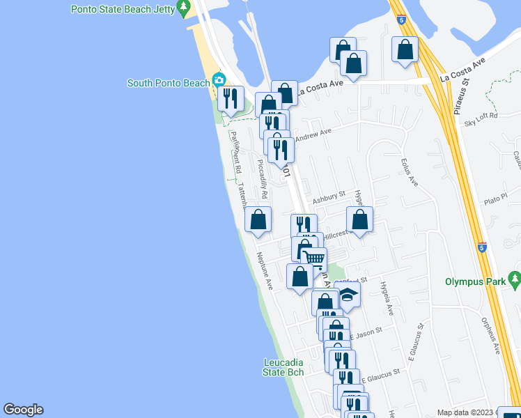 map of restaurants, bars, coffee shops, grocery stores, and more near 1733 Aldersgate Road in Encinitas