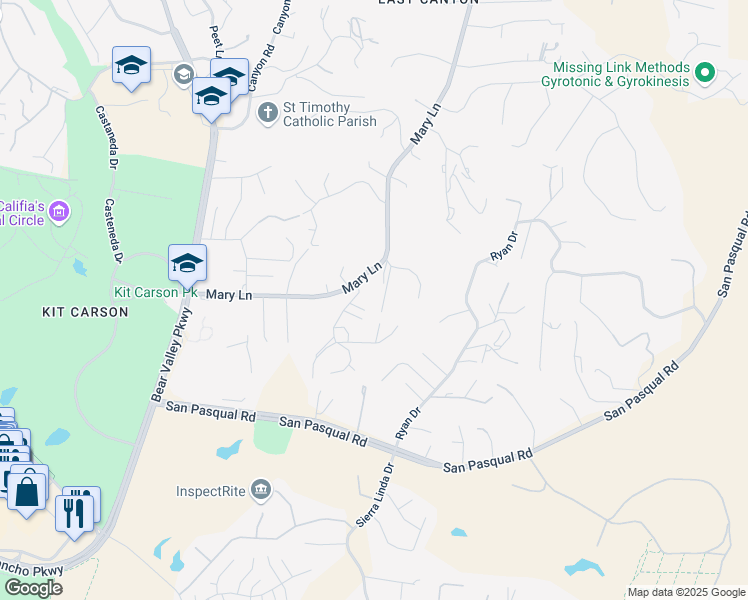 map of restaurants, bars, coffee shops, grocery stores, and more near 3430 Mary Lane in Escondido