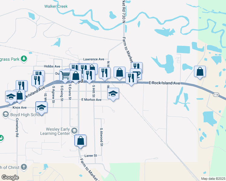 map of restaurants, bars, coffee shops, grocery stores, and more near 421 South Wilson Street in Boyd