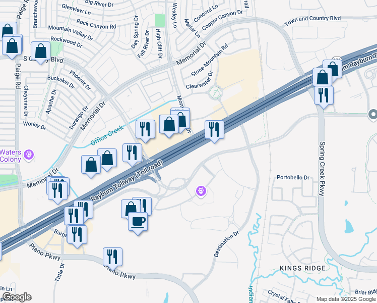 map of restaurants, bars, coffee shops, grocery stores, and more near 5745 Texas 121 in The Colony