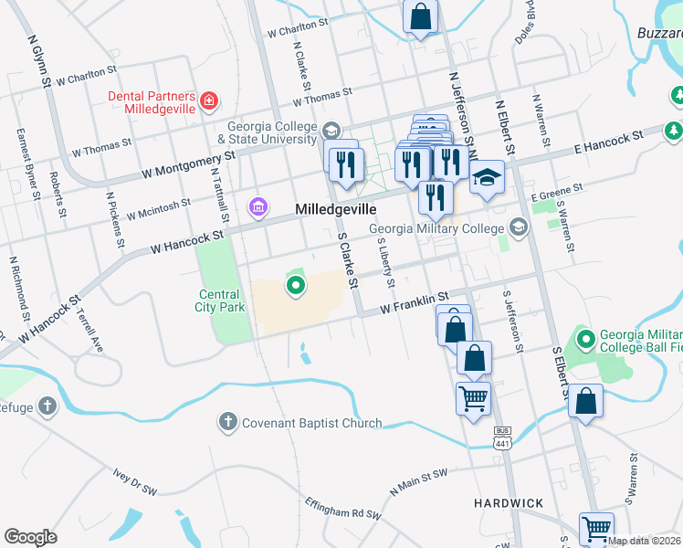 map of restaurants, bars, coffee shops, grocery stores, and more near 241 South Clarke Street in Milledgeville