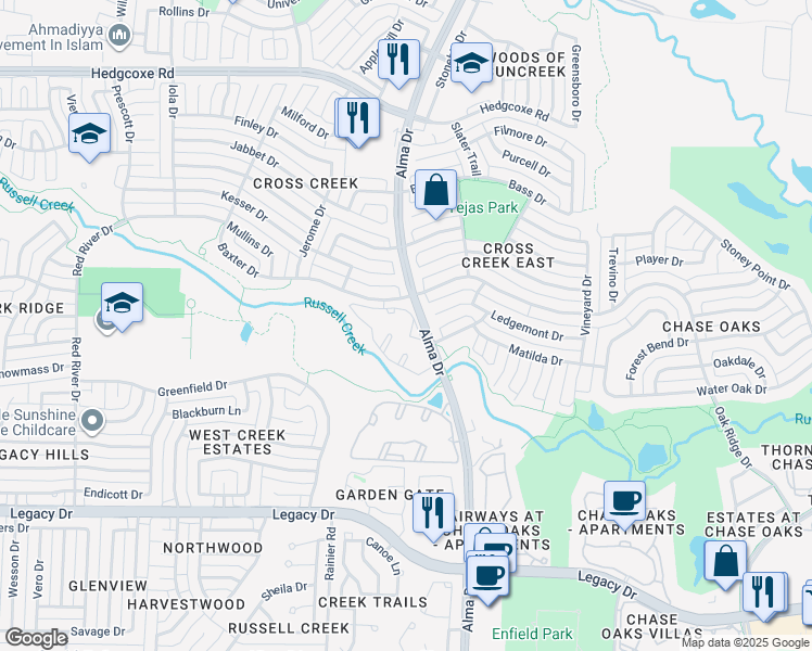 map of restaurants, bars, coffee shops, grocery stores, and more near 7401 Alma Drive in Plano