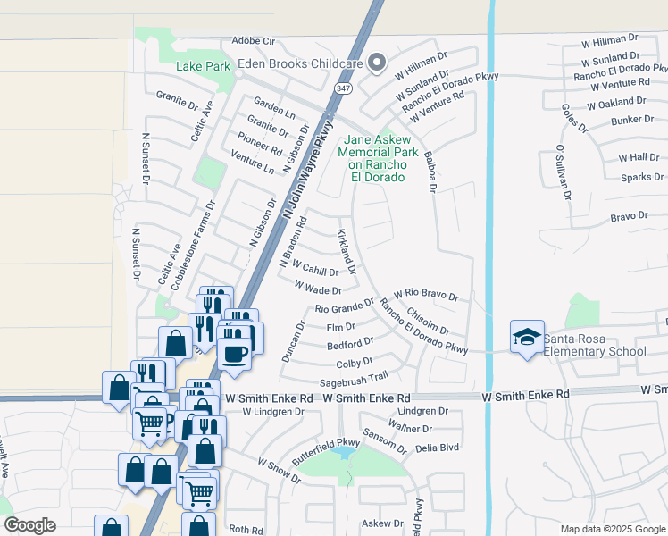 map of restaurants, bars, coffee shops, grocery stores, and more near 43754 West Cahill Drive in Maricopa