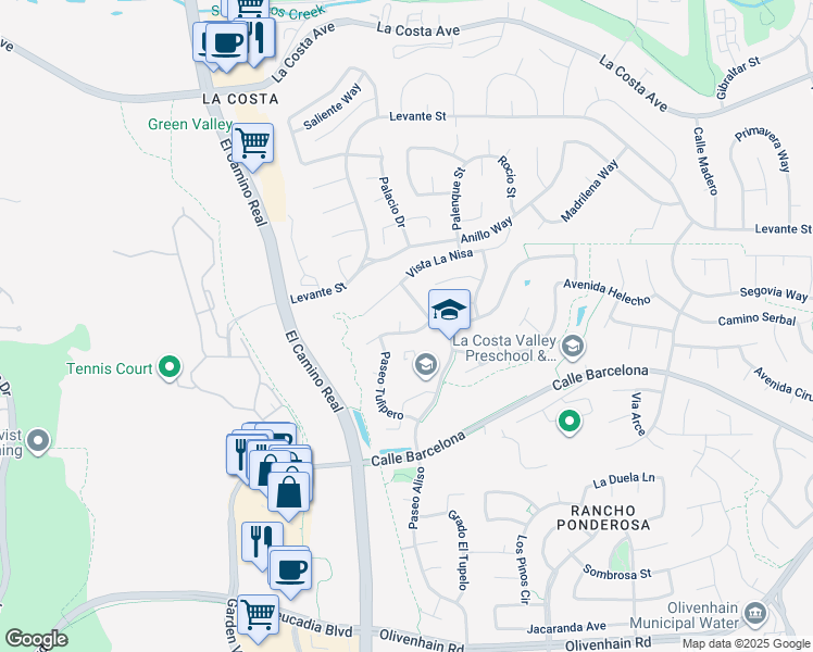 map of restaurants, bars, coffee shops, grocery stores, and more near 2182 Avenida Toronja in Carlsbad