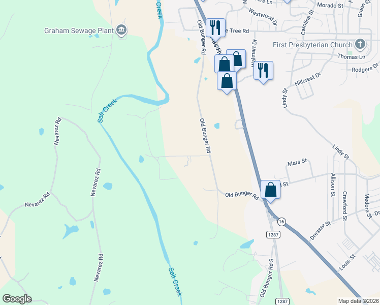 map of restaurants, bars, coffee shops, grocery stores, and more near 527 Terry Street in Graham