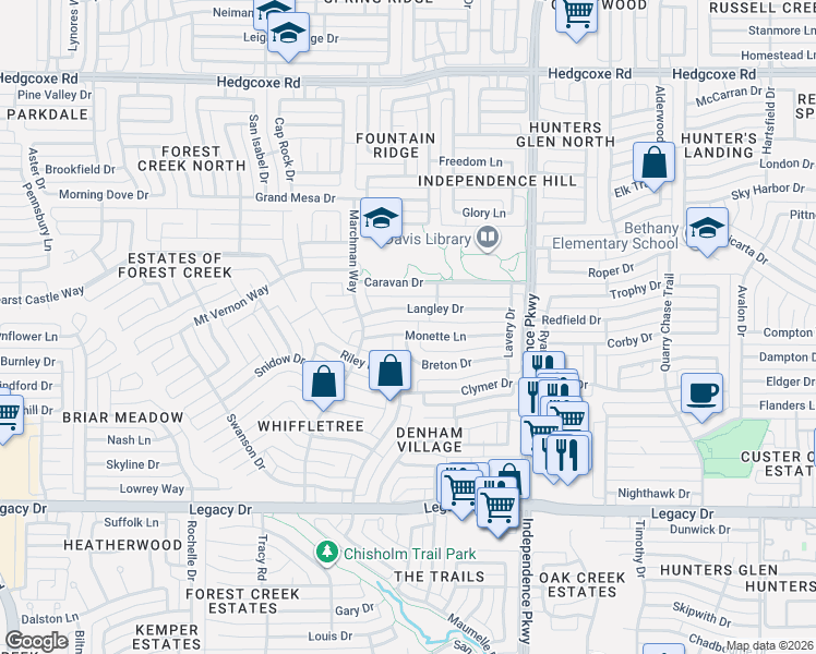 map of restaurants, bars, coffee shops, grocery stores, and more near 3228 Langley Drive in Plano