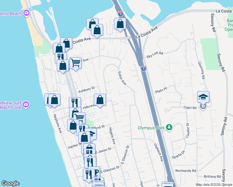 map of restaurants, bars, coffee shops, grocery stores, and more near 419 Parkwood Lane in Encinitas
