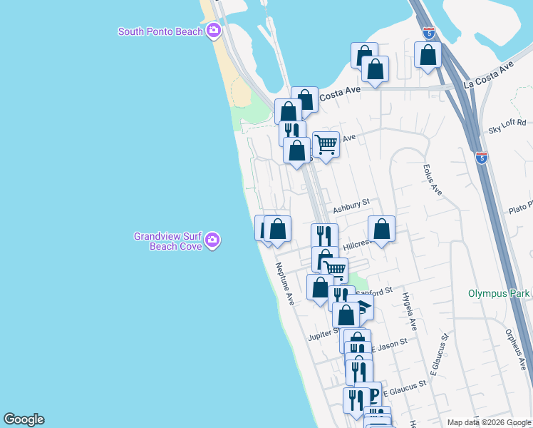 map of restaurants, bars, coffee shops, grocery stores, and more near 1743 Whitehall Road in Encinitas