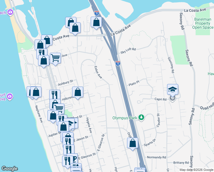 map of restaurants, bars, coffee shops, grocery stores, and more near 475 Parkwood Lane in Encinitas