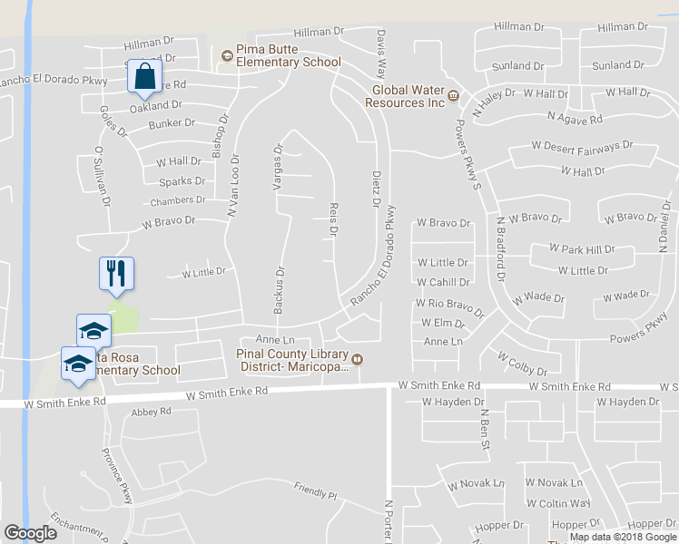 map of restaurants, bars, coffee shops, grocery stores, and more near 21733 Reis Drive in Maricopa