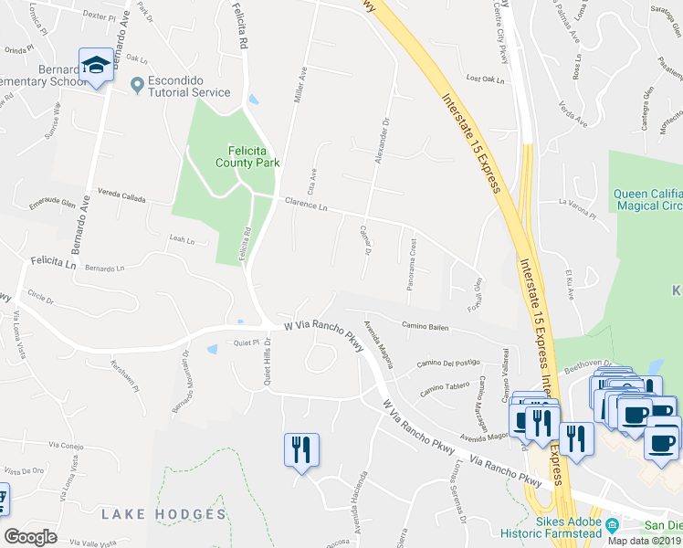 map of restaurants, bars, coffee shops, grocery stores, and more near 2978 Wahupa Ranch Road in Escondido