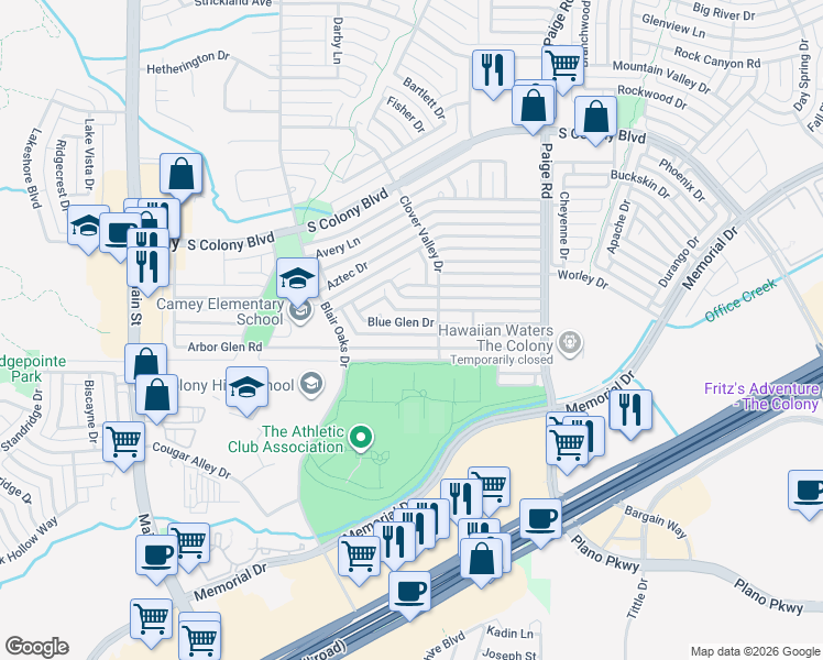 map of restaurants, bars, coffee shops, grocery stores, and more near 5056 Blue Glen Drive in The Colony