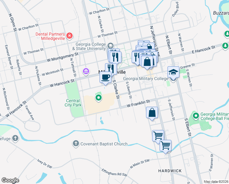 map of restaurants, bars, coffee shops, grocery stores, and more near 241 South Clarke Street in Milledgeville