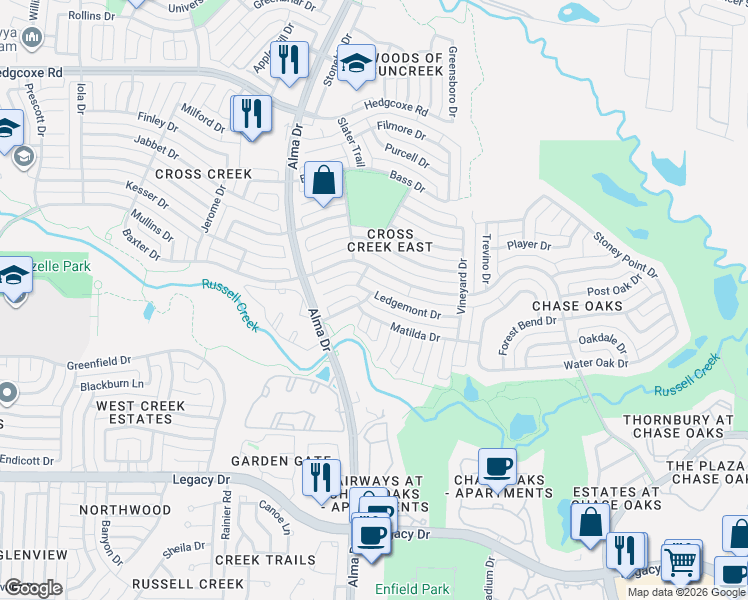 map of restaurants, bars, coffee shops, grocery stores, and more near 913 Ledgemont Drive in Plano