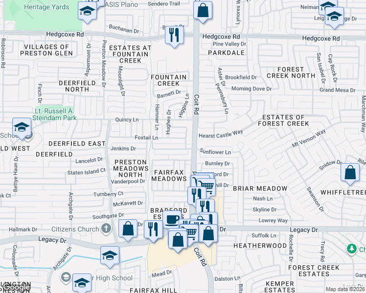 map of restaurants, bars, coffee shops, grocery stores, and more near 7404 Wildflower Drive in Plano