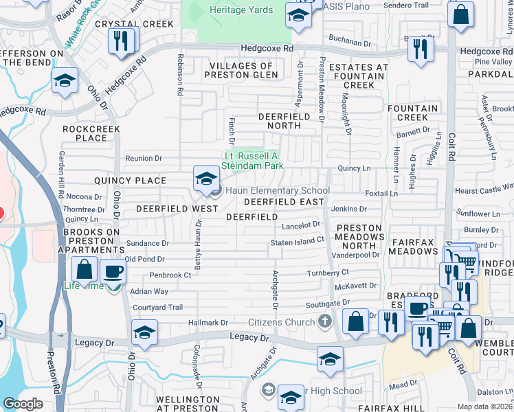 map of restaurants, bars, coffee shops, grocery stores, and more near 4568 Saint James Drive in Plano