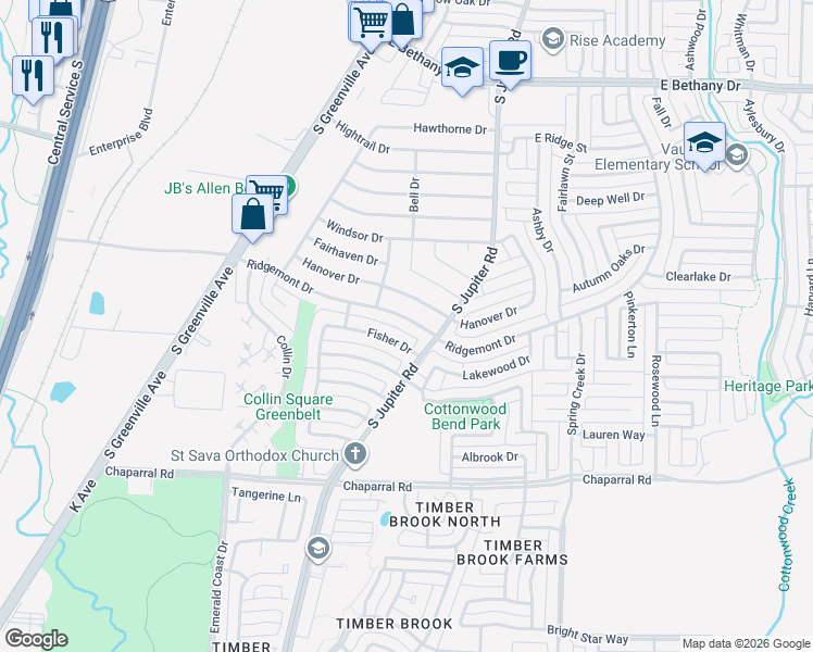 map of restaurants, bars, coffee shops, grocery stores, and more near 558 Ridgemont Drive in Allen