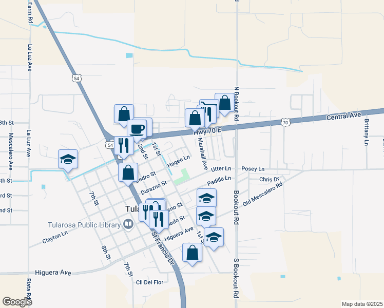 map of restaurants, bars, coffee shops, grocery stores, and more near 1100 Hagee Lane in Tularosa