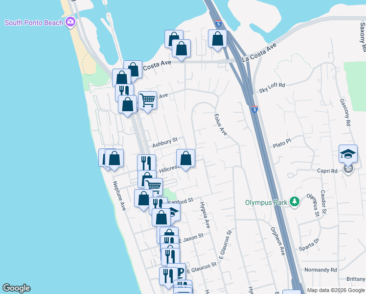 map of restaurants, bars, coffee shops, grocery stores, and more near 1677 Tabletop Way in Encinitas