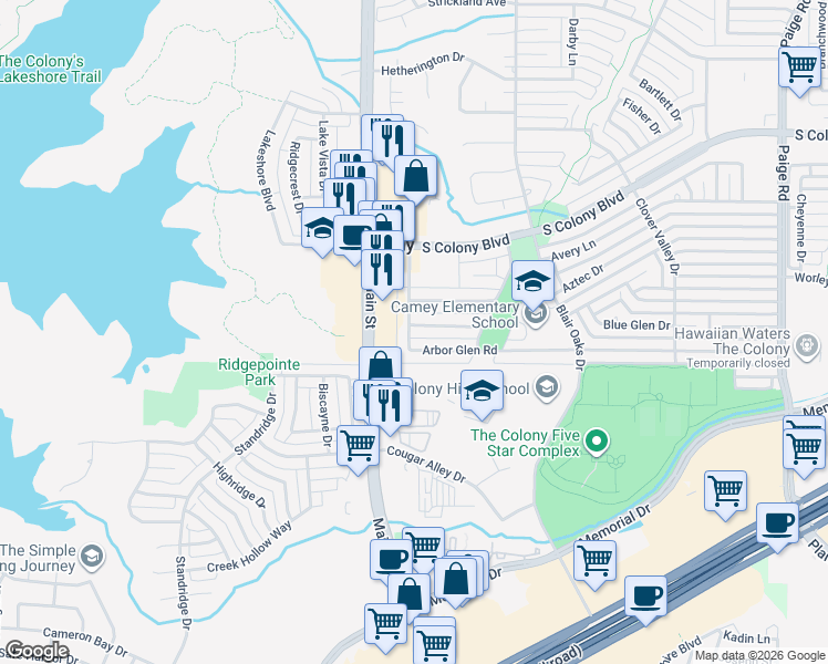 map of restaurants, bars, coffee shops, grocery stores, and more near 4800 Ash Glen Lane in The Colony