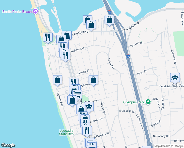 map of restaurants, bars, coffee shops, grocery stores, and more near 1677 Tabletop Way in Encinitas