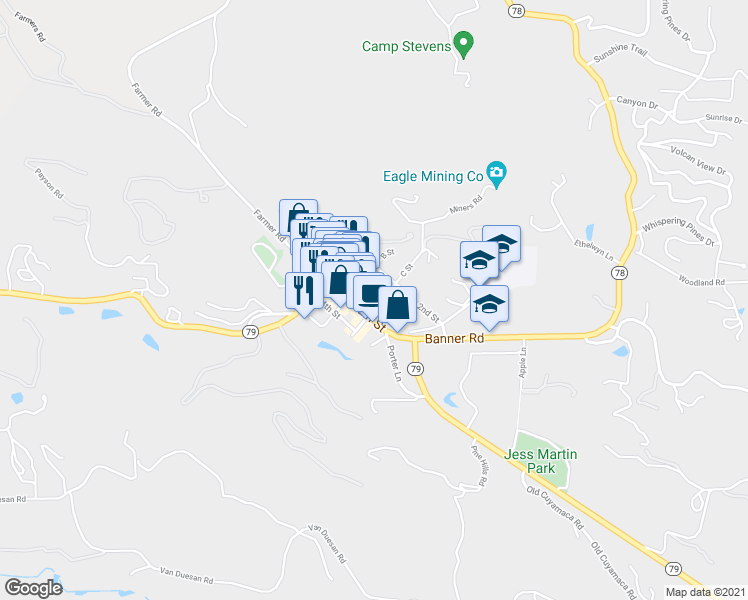 map of restaurants, bars, coffee shops, grocery stores, and more near 2007 3rd Street in Julian