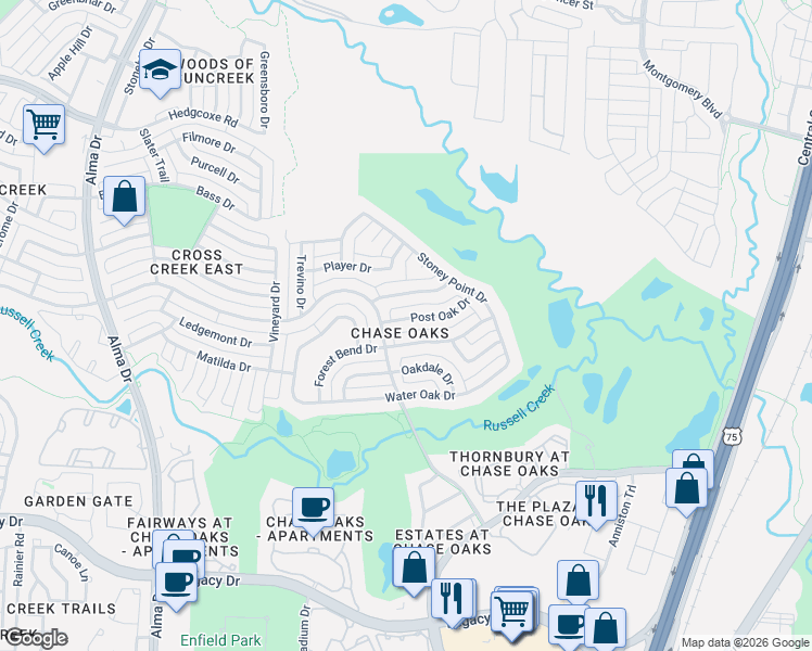 map of restaurants, bars, coffee shops, grocery stores, and more near 632 Post Oak Drive in Plano