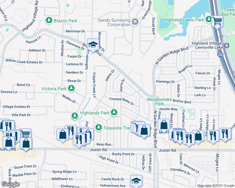 map of restaurants, bars, coffee shops, grocery stores, and more near 2004 Eagle Nest Pass in Lewisville