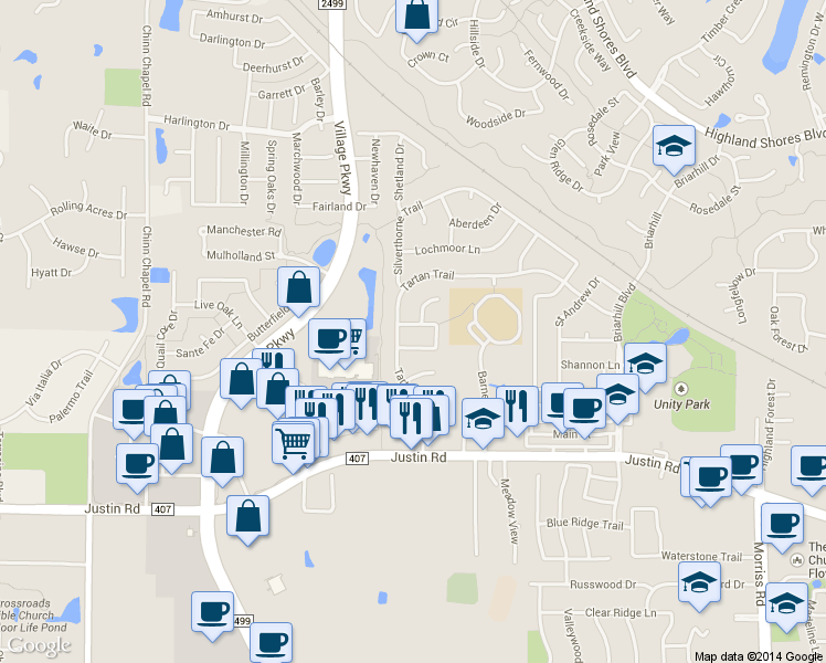 map of restaurants, bars, coffee shops, grocery stores, and more near 900 Inverness Circle in Highland Village