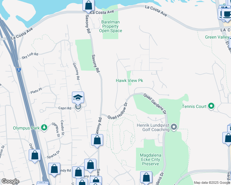 map of restaurants, bars, coffee shops, grocery stores, and more near 1592 Hawk View Drive in Encinitas