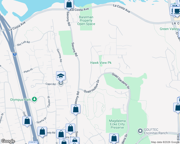 map of restaurants, bars, coffee shops, grocery stores, and more near 1592 Hawk View Drive in Encinitas