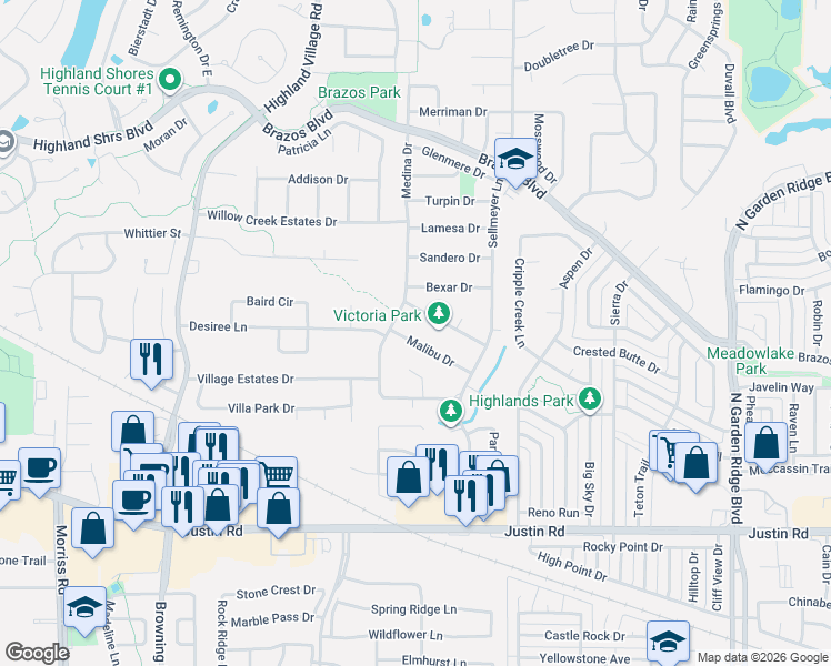 map of restaurants, bars, coffee shops, grocery stores, and more near 205 Malibu Drive in Highland Village