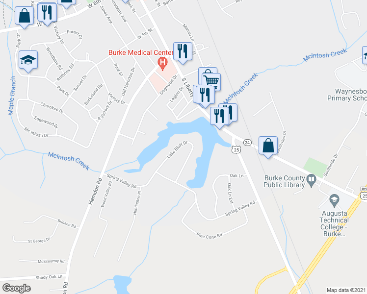 map of restaurants, bars, coffee shops, grocery stores, and more near 125 Lake Bluff Drive in Waynesboro