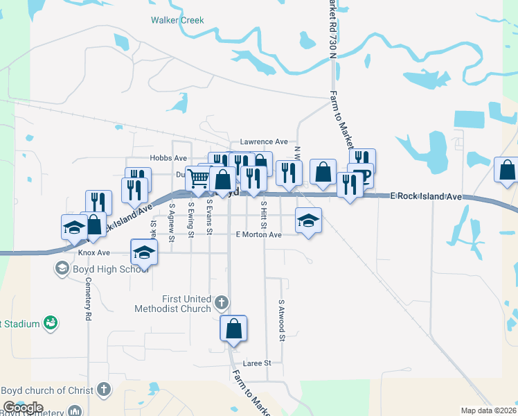 map of restaurants, bars, coffee shops, grocery stores, and more near 113 South Hitt Street in Boyd