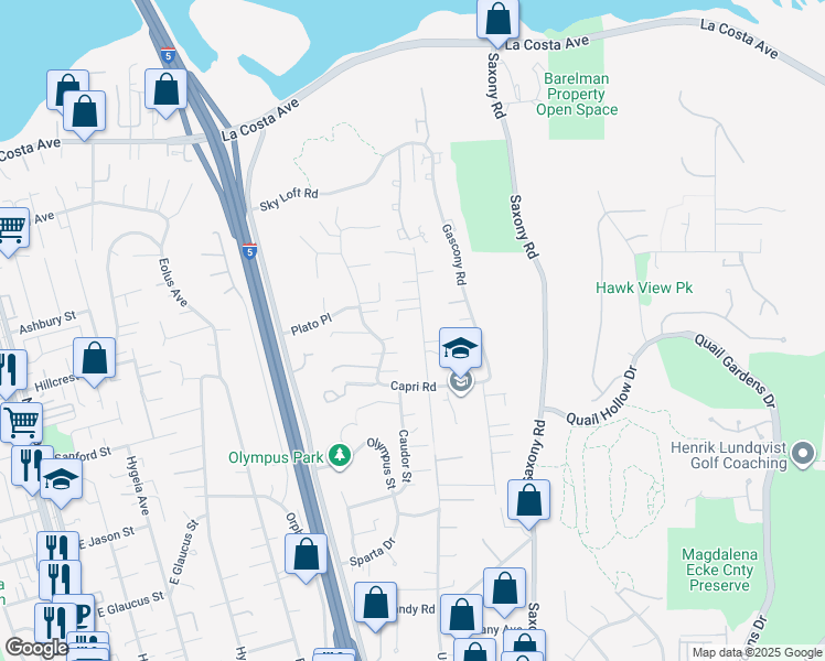 map of restaurants, bars, coffee shops, grocery stores, and more near 1570 Burgundy Road in Encinitas