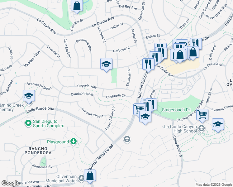 map of restaurants, bars, coffee shops, grocery stores, and more near 3102-3104 Quebrada Circle in Carlsbad