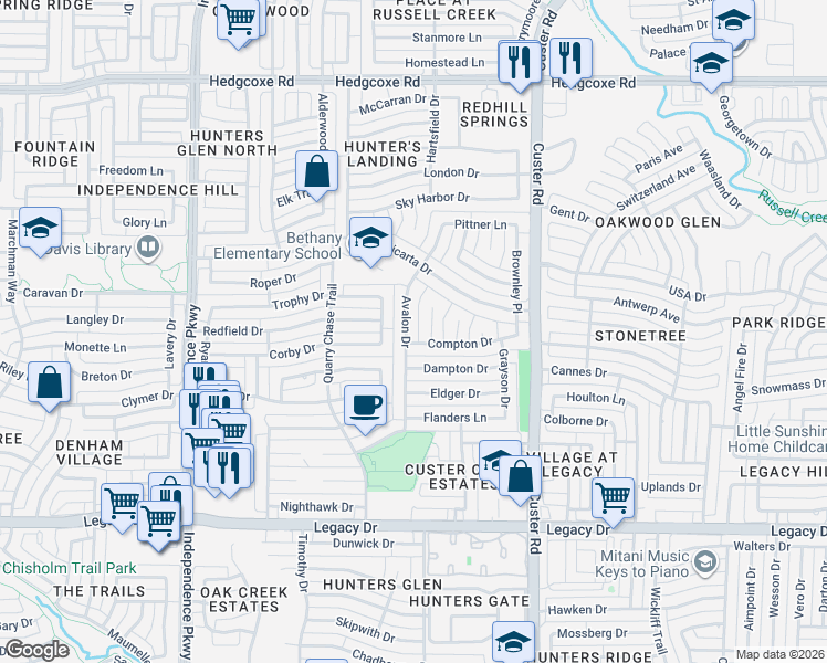 map of restaurants, bars, coffee shops, grocery stores, and more near 7409 Malden Court in Plano
