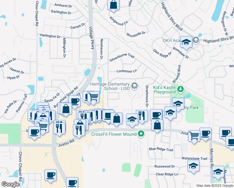 map of restaurants, bars, coffee shops, grocery stores, and more near 900 Inverness Circle in Highland Village