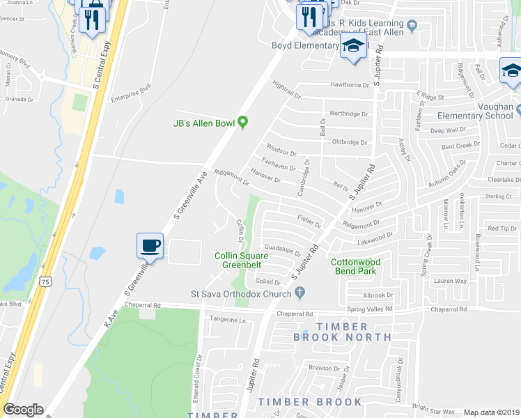 map of restaurants, bars, coffee shops, grocery stores, and more near 1101 Matagorda Drive in Allen