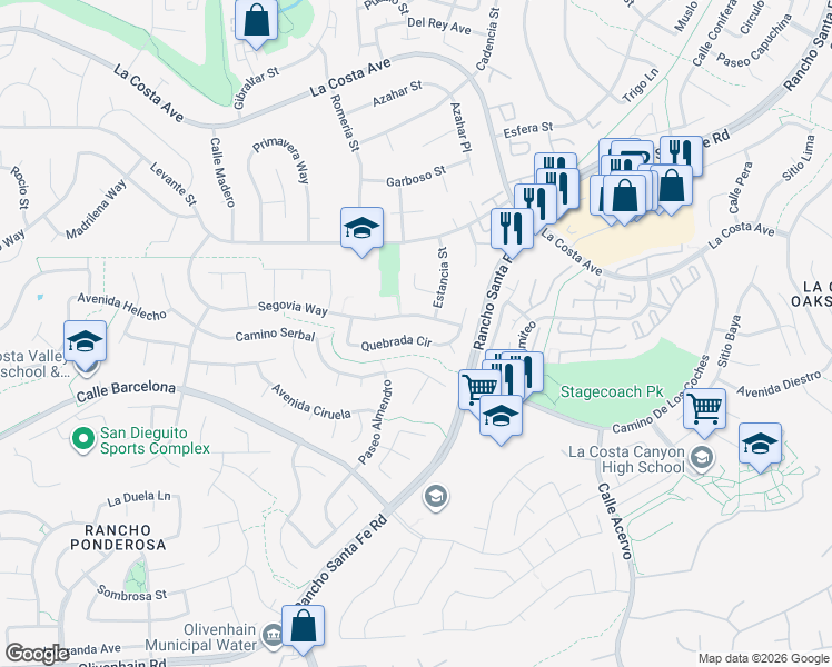 map of restaurants, bars, coffee shops, grocery stores, and more near 3104 Quebrada Circle in Carlsbad