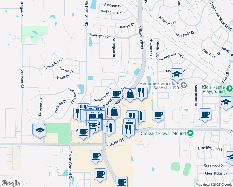 map of restaurants, bars, coffee shops, grocery stores, and more near 702 Live Oak Ln in Highland Village