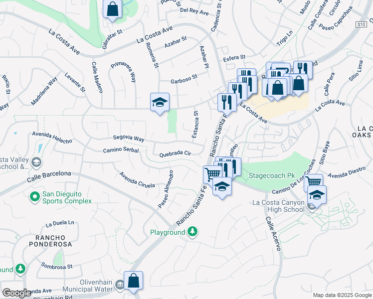 map of restaurants, bars, coffee shops, grocery stores, and more near 3106 Quebrada Circle in Carlsbad
