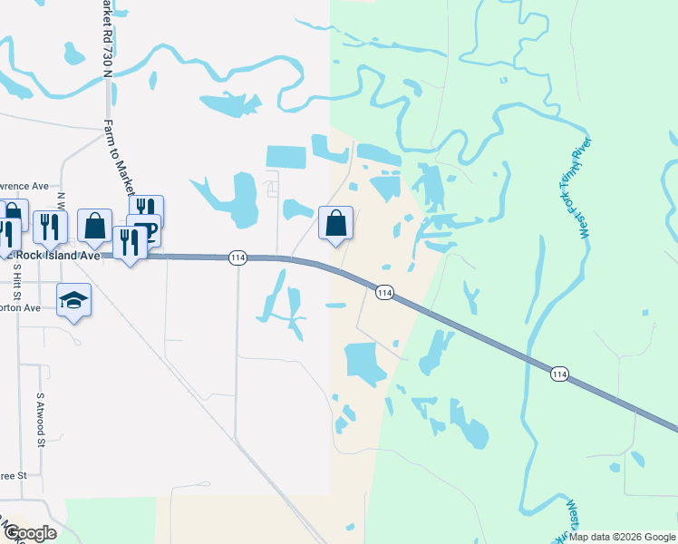 map of restaurants, bars, coffee shops, grocery stores, and more near 2118 East Rock Island Avenue in Boyd