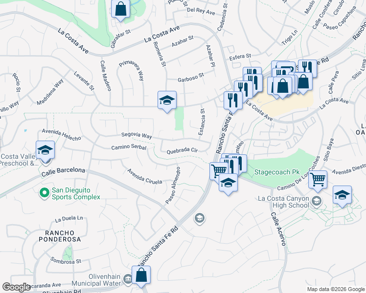 map of restaurants, bars, coffee shops, grocery stores, and more near 3104 Quebrada Circle in Carlsbad