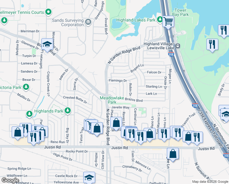 map of restaurants, bars, coffee shops, grocery stores, and more near 2140 Teal Court in Lewisville